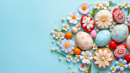 Lots of flowers and colorful Easter eggs on a light blue background with copy space.