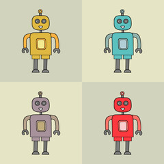 A set of robots in different colors. Children toy.