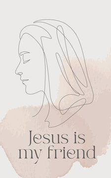 Religious inspirational card or poster with biblical quotes and praying woman, Line Art Illustration. Blush pink