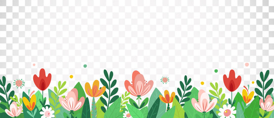 Summer or spring background with colorful green leaves and flowers. Spring vector flat template for banner, flyer, wallpaper, brochure, greeting card. Cartoon Easter vector illustration