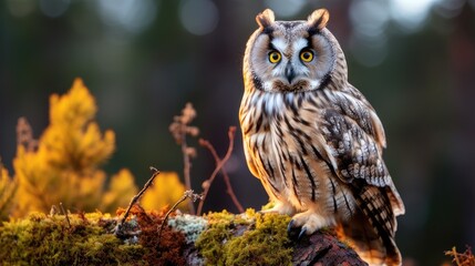 An owl hiding in the forest uses natural elements such as branches and foliage to hide its presence.