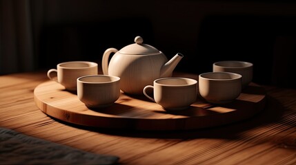 white kettle with cups of tea on a wooden background in a minimalist style