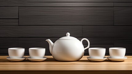 Fototapeta na wymiar white kettle with cups of tea on a wooden background in a minimalist style