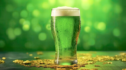 Cheers to St. Patricks, Green Irish beer a festive stock photo capturing the spirit of the holiday celebration with a bubbly touch. - obrazy, fototapety, plakaty