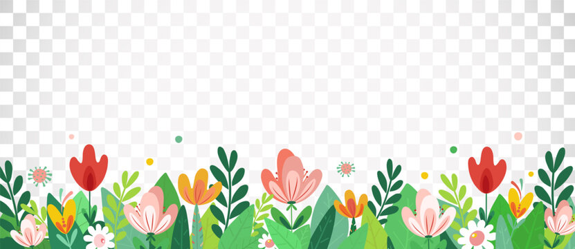 Summer or spring background with colorful green leaves and flowers. Spring vector flat template for banner, flyer, wallpaper, brochure, greeting card. Cartoon Easter vector illustration