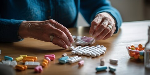 An Older Woman Carefully Manages Her Well-Being, Sitting at a Home Table, Navigating a Varied Array of Medications to Support Her Health