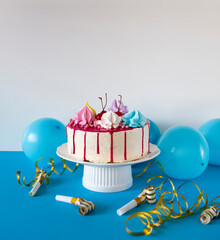 elegant and delicious cake with decoration and balloons, birthday cake