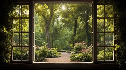 view of the garden through the window frame as a natural border to frame the view of the garden.