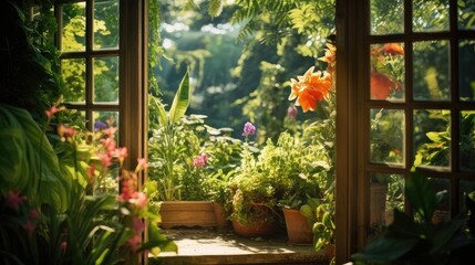 Fototapeta na wymiar view of the garden through the window frame as a natural border to frame the view of the garden.