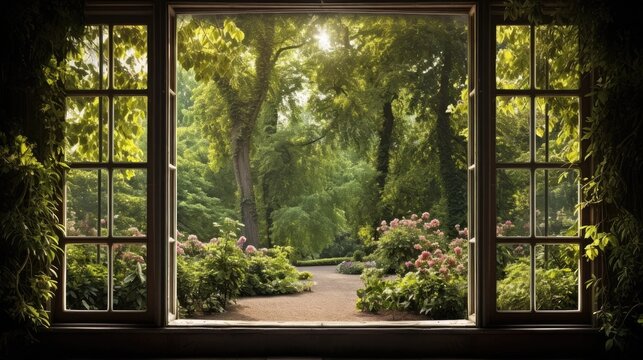 Fototapeta view of the garden through the window frame as a natural border to frame the view of the garden.