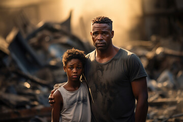 Two Africanfamily people father son hug each other looking at ruins of bombed destroyed house building due to war conflict area. Effect from war humanity mankind loss and waste big loss concept. - obrazy, fototapety, plakaty
