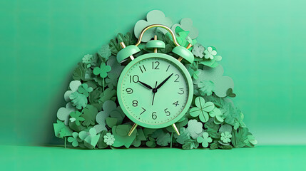 Time for celebration, Alarm clock on a green background a festive stock photo heralding the spirited arrival of St. Patrick's Day.
