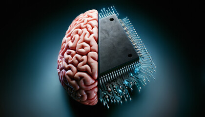 Human brain vs computer chip artificial intelligence - obrazy, fototapety, plakaty