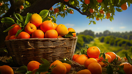 Image of a basket full of oranges with a background of orchard with orange fruit