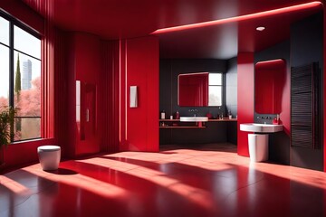 Corner view on brilliant washroom inside with void red wall