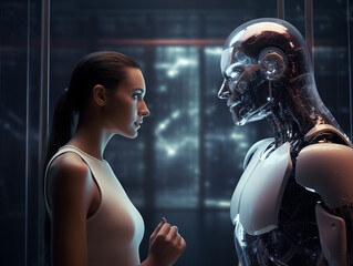 young beautiful girl with an android robot. Girl with futuristic robot
