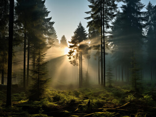 Sun poking through forest trees