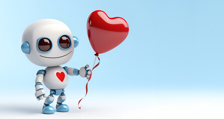 Cute, animated robot with a heart balloon celebrating Valentine's Day. Copy space