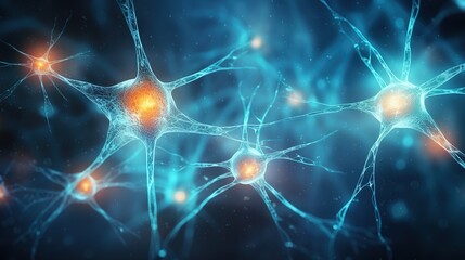 Active nerve cells. Neuronal network with electrical activity of neuron cells. Neuroscience, neurology, brain activity, nervous system and impulse, microbiology concepts.  - obrazy, fototapety, plakaty