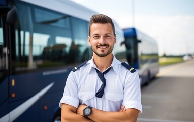 Man in uniform shirt is standing in front of an international flight bus