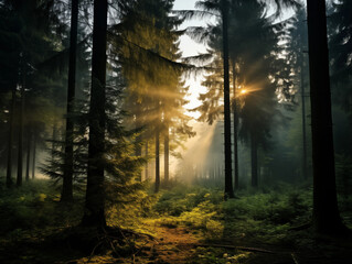 Sun poking through forest trees