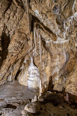 Stalactites and stalagnites of the Bear Cave in the Sudeten Mountains. Poland