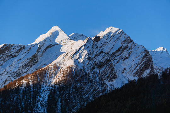The snowy peaks of Val Mesolcina, near the town of San Bernardino, Ticino, Switzerland - November 18, 2023.