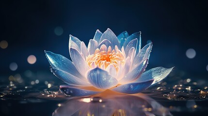 Naklejka na ściany i meble Beautiful lotus made of ice on a glowing dark blue background. Luxury background. Close-up of an icy water lily flower