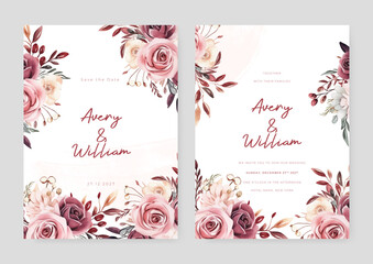 Obraz premium Pink and red rose elegant wedding invitation card template with watercolor floral and leaves