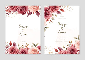Pink and red rose modern wedding invitation template with floral and flower