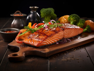 Grilled salmon served with vegetables and sauce on wooden board