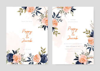Peach and blue rose wedding invitation card template with flower and floral watercolor texture vector