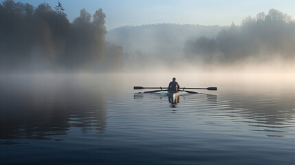 Rowers on mist-covered lake vibrant jerseys mysterious atmosphere - obrazy, fototapety, plakaty