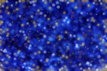 Blauer unscharfer Hintergrund mit glitzernden Schneeflocken und Punkten