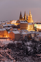Snowy twilight captures the Prague Castle amid the winter glow. Prague, Czech Republic
- 688218461