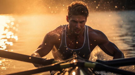 Intense rower stroke glistening water vivid jersey precision and power