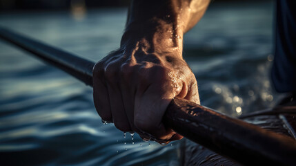 Close-up of rower's hands bright jersey intense focus