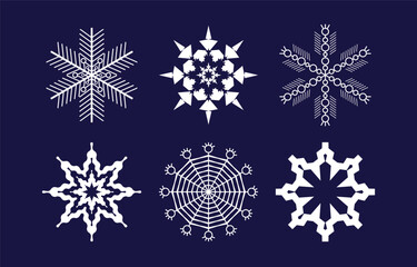 Cute snowflakes collection isolated on background. Flat snow icons, silhouette. Element for Christmas banner, cards.