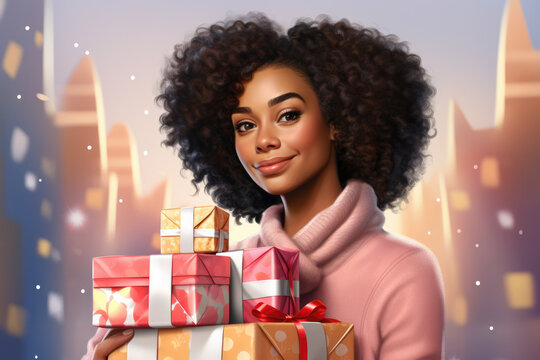 Smiley african american black woman holds lots of gifts, presents and boxes on festive background