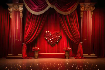 Foto op Aluminium A grand Valentine's Day stage, decorated with lush red velvet curtains and a heart in the center. © zakiroff