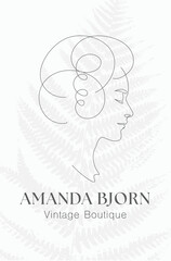 Woman Face Card Template, Line Art Illustration. Female head Minimalist line design with abstract expressive lines