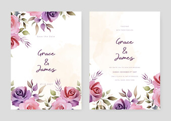 Pink and purple violet rose modern wedding invitation template with floral and flower