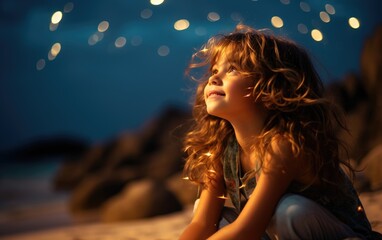 A cute little girl on the beach looking up at the stars at night