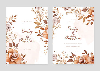 Brown rose elegant wedding invitation card template with watercolor floral and leaves