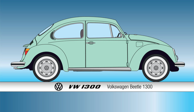 Germany, year 1972, Volkswagen Beetle VW1303, silhouette vintage classic car, coloured vector illustration
