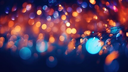 Decorative artistic background. Holiday illumination and decoration concept. Christmas garland blurred bokeh lights over dark background. Abstract close up fiber optics light for background  - obrazy, fototapety, plakaty