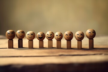 Wooden figures lined up on a wooden table with a smile