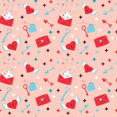 Love pattern, valentines day pattern. Key to the heart, heart with wings. Valentine's Day card, February 14th card. Love pattern in pink and blue colors
