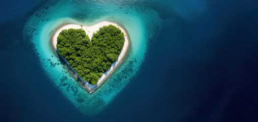 Fotobehang Bestemmingen A heart shaped tropical island surrounded by magnificent ocean bird's eye view, photographic