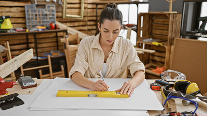 Beautiful young hispanic woman scientist doubting in carpentry - a portrait of relaxed...